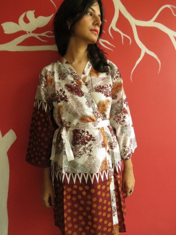 White Maroon leafy Knee Length, Kimono Crossover Belted Robe