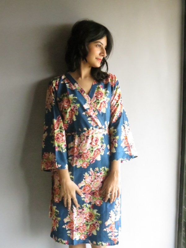 Dark Blue Floral Knee Length, Kimono Crossover Belted Robe-C12 fabric Code