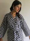Black Polka Dots Knee Length, Kimono Crossover Belted Robe