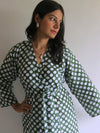 Dark Green Polka Dots Knee Length, Kimono Crossover Belted Robe