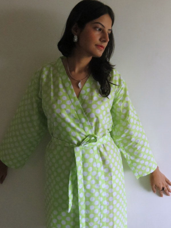 Green Polka Dots Knee Length, Kimono Crossover Belted Robe