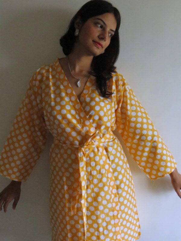Yellow Polka Dots Knee Length, Kimono Crossover Belted Robe
