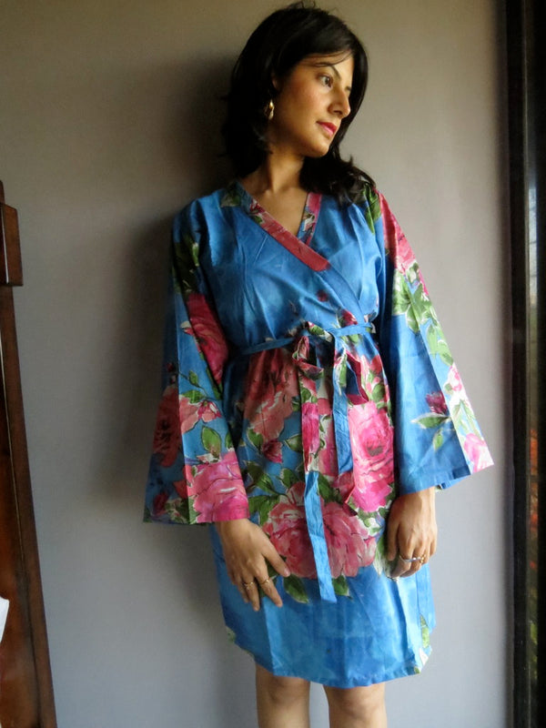 Blue Floral Knee Length, Kimono Crossover Belted Robe-E2 fabric Code