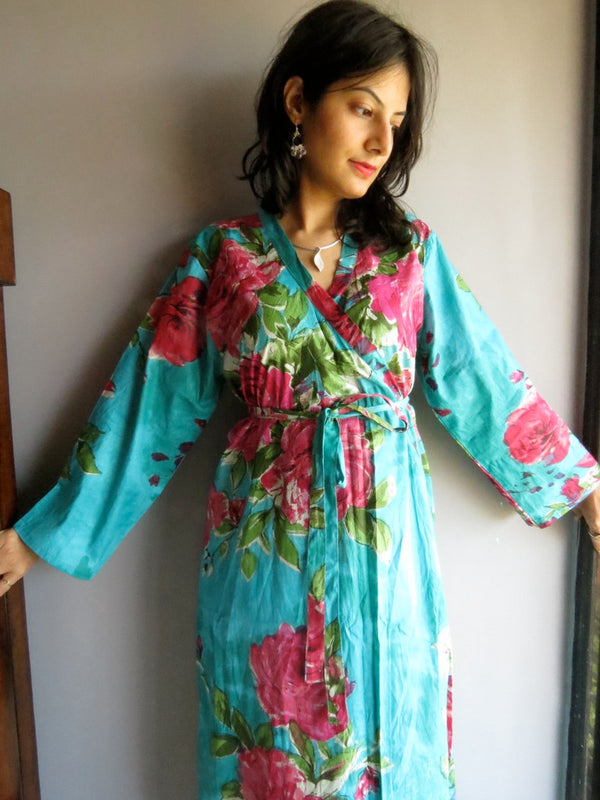 Teal Floral Ankle Length, Kimono Crossover Belted Robe-E7 fabric Code