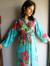 Teal Floral Ankle Length, Kimono Crossover Belted Robe-E7 fabric Code