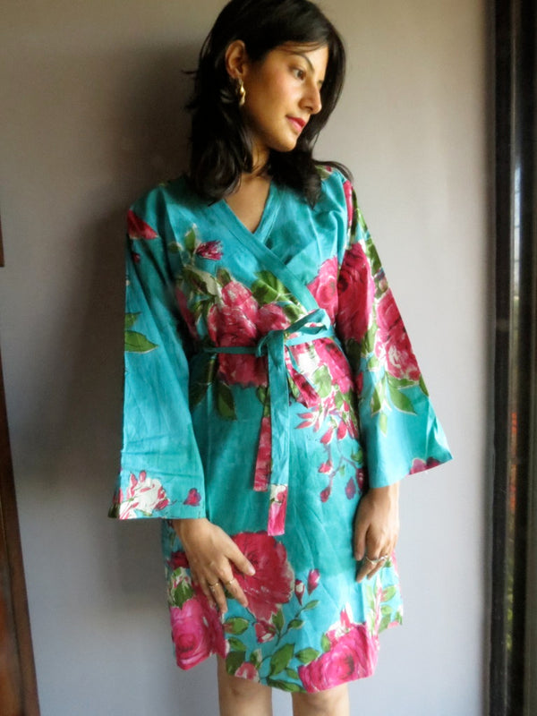 Teal Floral Knee Length, Kimono Crossover Belted Robe-E7 fabric Code