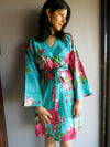 Teal Floral Knee Length, Kimono Crossover Belted Robe-E7 fabric Code