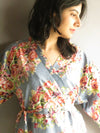 Gray Floral Knee Length, Kimono Crossover Belted Robe-C13 fabric Code
