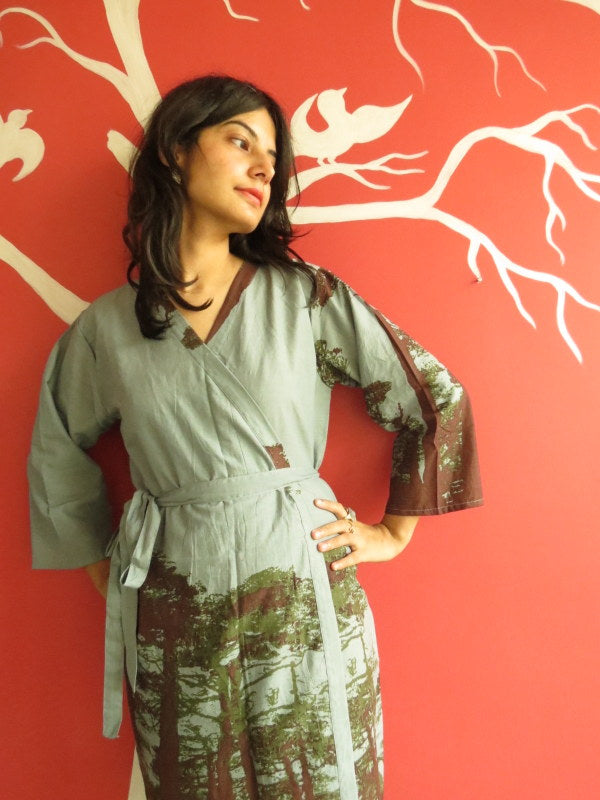 Gray Tree of Life Knee Length, Kimono Crossover Belted Robe
