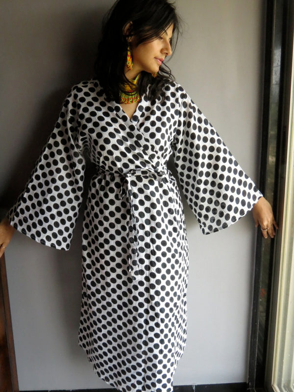 White Black Dots MidCalf Length, Kimono Crossover Belted Robe