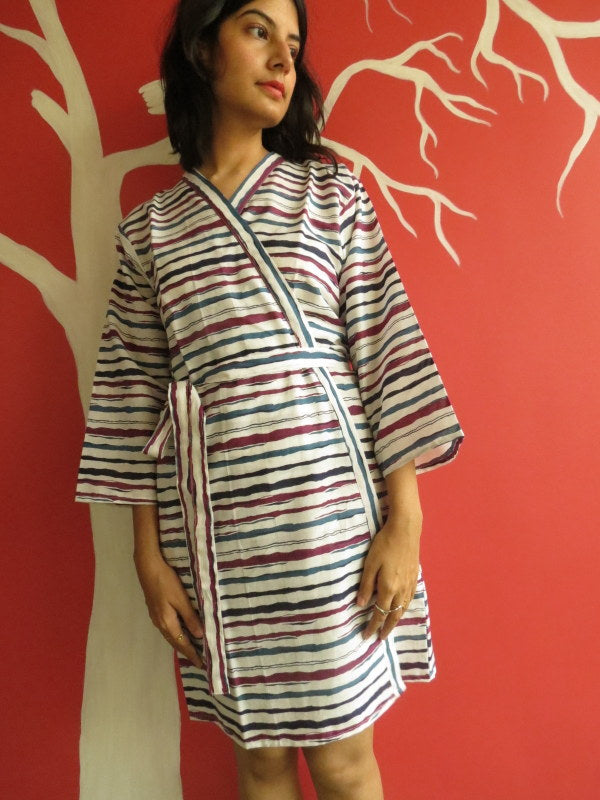 White Blue Striped Knee Length, Kimono Crossover Belted Robe