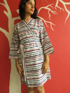 White Blue Striped Knee Length, Kimono Crossover Belted Robe