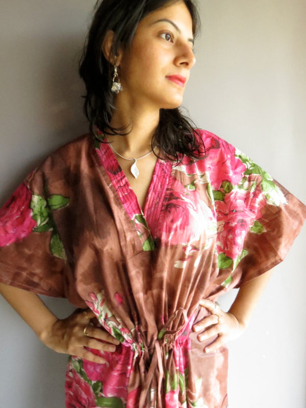Brown Fuchsia Large Floral Blossom V-Neck, Ankle Length, Cinched Waist Caftan