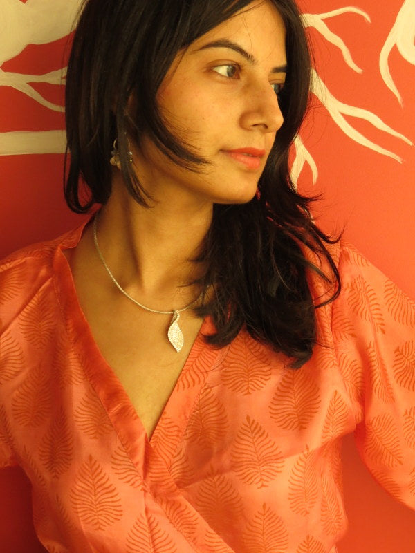 Silk Coral Leafy Knee Length, Kimono Crossover Belted Robe