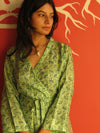 Silk Green Leafy Knee Length, Kimono Crossover Belted Robe