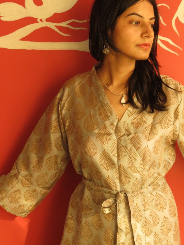 Silk Silver Leafy Knee Length, Kimono Crossover Belted Robe