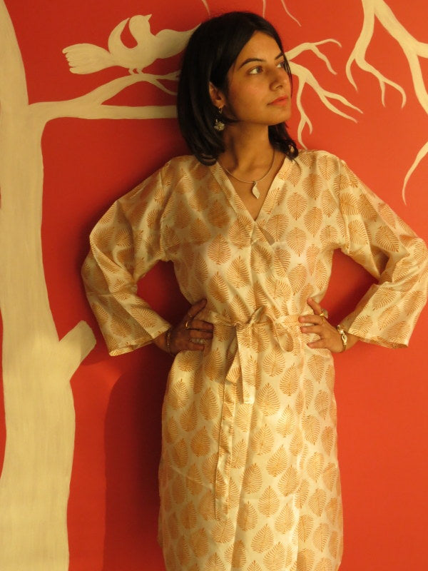 Ivory Leafy Silk Knee Length, Kimono Crossover Belted Robe