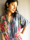 Gray Fuchsia Large Floral Blossom V-Neck, Ankle Length, Cinched Waist Caftan