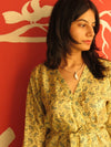 Silk Yellow Leafy Knee Length, Kimono Crossover Belted Robe