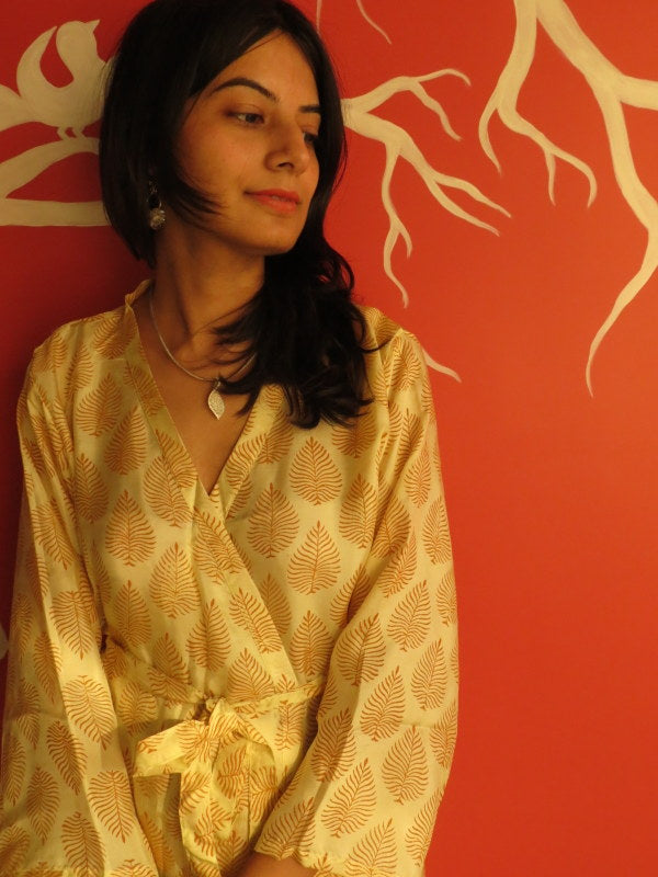 White leafy Silk Hand-Block Printed Kimono Crossover Robe
