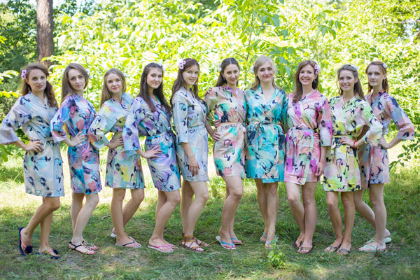 Mismatched Flamingo Watercolor Patterned Bridesmaids Robes in Soft Tones|Mismatched Flamingo Watercolor Patterned Bridesmaids Robes in Soft Tones|Mismatched Flamingo Watercolor Patterned Bridesmaids Robes in Soft Tones|Flamingo Watercolor