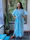 Ombre Fading Leaves V-Neck, Cinched Waist Ankle Length Caftan