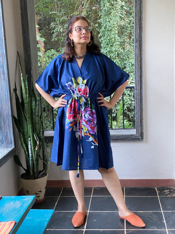 One Long Flower V-Neck, Knee Length, Cinched Waist Caftan