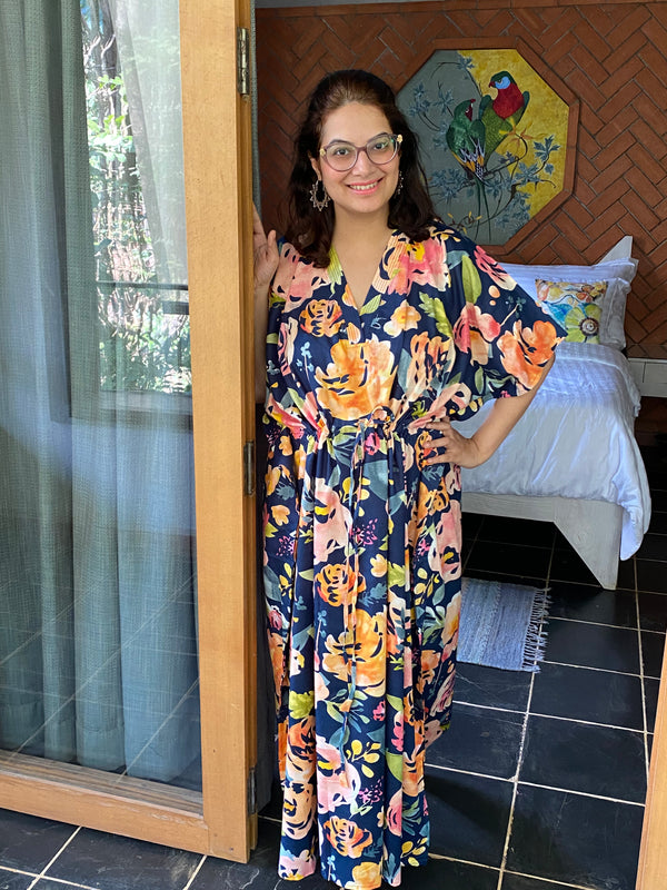 Her Petal Garden V-Neck, Cinched Waist Ankle Length Kaftan