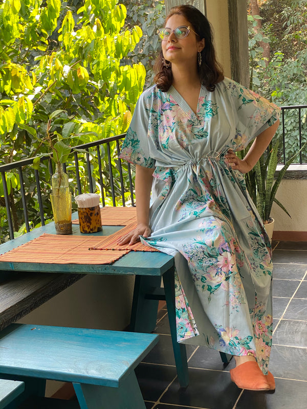 Blooming Flowers V-Neck, Cinched Waist Ankle Length Caftan