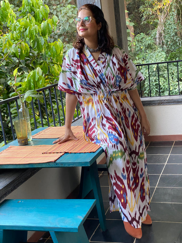 Ikat Aztec V-Neck, Cinched Waist Ankle Length Caftan