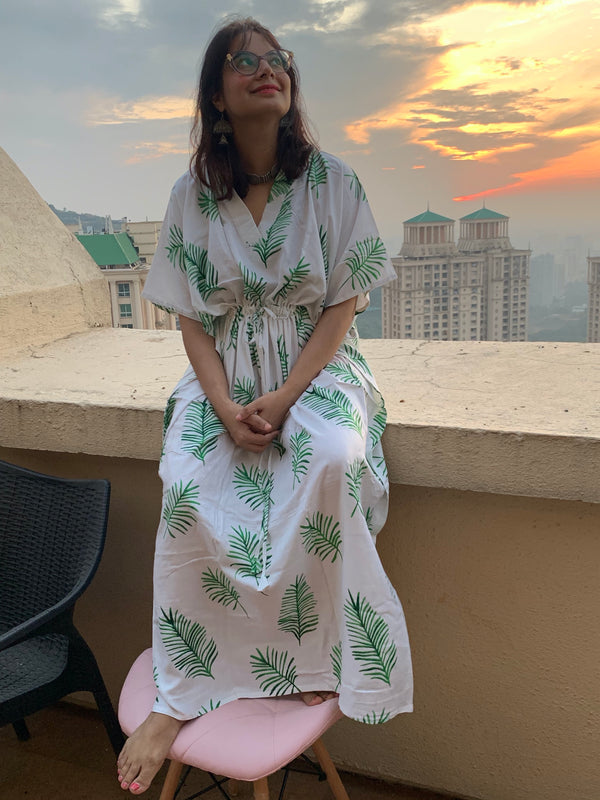 Tropical Delight V-Neck, Cinched Waist Ankle Length Kaftan