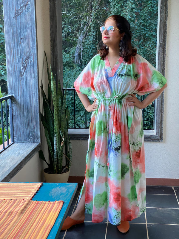 Watercolor Splash V-Neck, Cinched Waist Ankle Length Kaftan