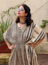 Ivory Black Leafy Bordered Hand Block Printed Caftan with V-Neck, Cinched Waist and Available in both Knee and Ankle Length