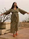 Green Floral Motif Geometric Motif Hand Block Printed Kimono Robe | Available in both Knee and Ankle Length