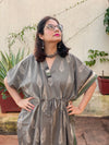 Gray Leafy Bordered Hand Block Printed Caftan with V-Neck, Cinched Waist and Available in both Knee and Ankle Length