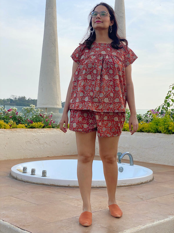 Red Floral Motif Hand Block Printed Organic Cotton Pajama Set | Available in both shorts and pants style