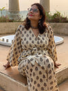 Ivory Floral Motif Hand Block Printed Kimono Robe | Available in both Knee and Ankle Length