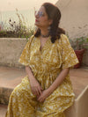 Mustard Lotus Motif Hand Block Printed Caftan with V-Neck, Cinched Waist and Available in both Knee and Ankle Length