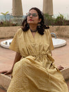 Yellow Triangle Motif Hand Block Printed Caftan with V-Neck, Cinched Waist and Available in both Knee and Ankle Length