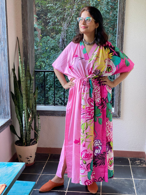 Jungle of Flowers V-Neck, Cinched Waist Ankle Length Caftan