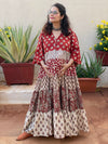 Mixed Patterns Red & Ivory Hand-Block Front Buttoned 5-Tier Maternity Dress