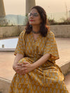 Mustard leafy Motif Hand-Blocked Caftan with V-Neck, Cinched Waist and Available in both Knee and Ankle Length