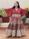 Ivory Red Mixed Hand Block Printed Front Buttoned 5 Tiered Dress