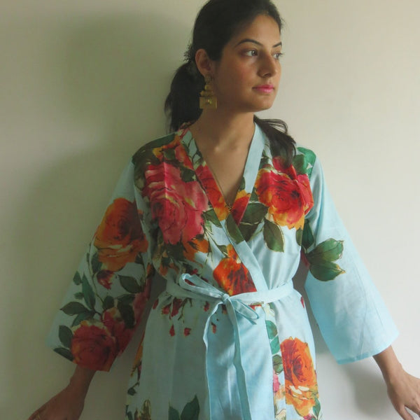 Light Blue Big Floral Knee Length, Kimono Crossover Belted Robe