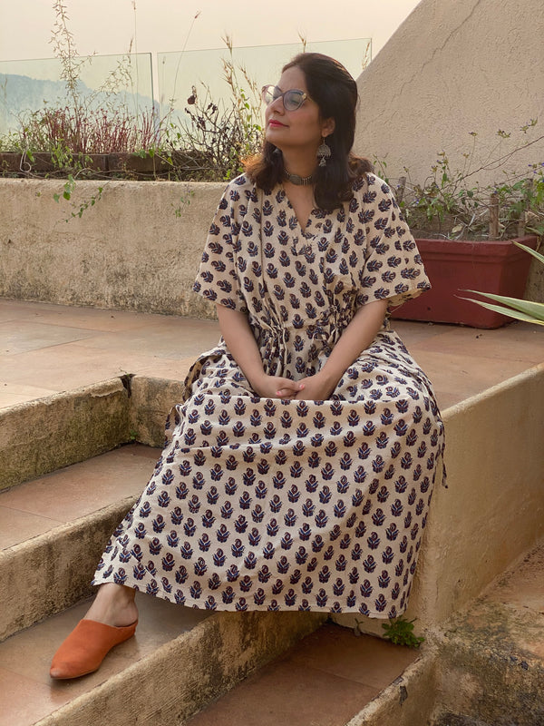 Ivory Blue Paisley Motif Hand Block Printed Caftan with V-Neck, Cinched Waist and Available in both Knee and Ankle Length