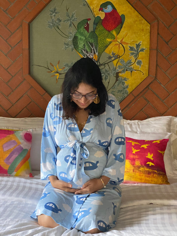 Aero Aero Airplanes Maternity Robe | Softest Jersey Knit Organic Cotton | Nursing Gown | Delivery Robe
