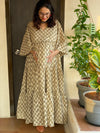 Ivory Gold Floral Motif Hand-Block Tiered Maternity Dress