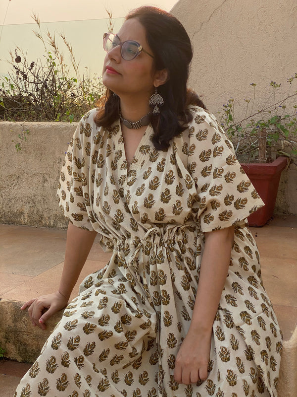 Ivory Mustard Paisley Motif Hand Block Printed Caftan with V-Neck, Cinched Waist and Available in both Knee and Ankle Length