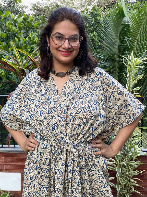 Ivory Blue Paisley Motif Hand Block Printed Caftan with V-Neck, Cinched Waist and Available in both Knee and Ankle Length