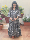 Black Floral Motif Hand-Block Tiered Maternity Dress